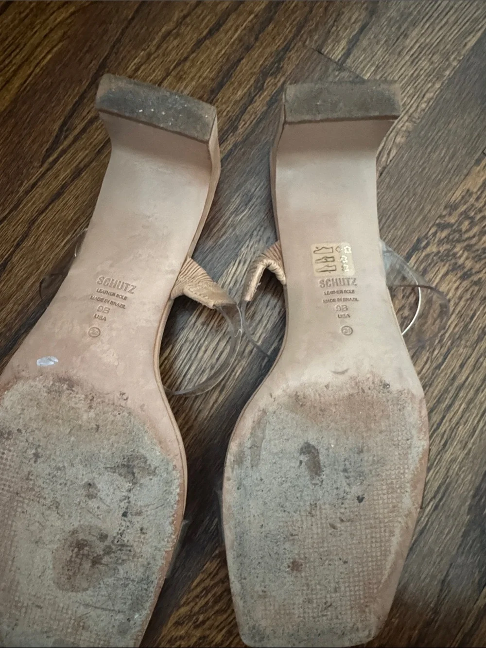 SCHUTZ Clear Strap Tan Square Toe Mules